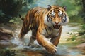 Majestic tiger in the wilderness, rendered in oil painting art style, captivating nature scene
