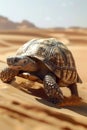 Majestic Tortoise Traversing Arid Desert Landscape with Golden Sand Dunes Under Clear Blue Sky Royalty Free Stock Photo