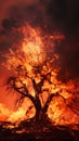 A Majestic Tree Engulfed in Flames Against a Dramatic Sky