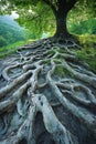 Majestic tree with expansive roots in a verdant forest setting Royalty Free Stock Photo