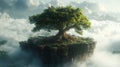 Majestic tree on floating island amidst clouds with dreamy atmosphere Royalty Free Stock Photo