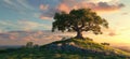 Majestic tree on grassy hilltop during sunset with vibrant clouds Royalty Free Stock Photo