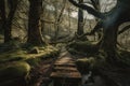 majestic tree with hanging moss in forest with duckboards path