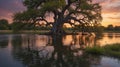 Majestic Old Oak Tree Standing in a Calm Lake at Sunset with Reflections Royalty Free Stock Photo