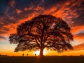 Majestic tree stands in front of a stunning sunset in a picturesque outdoor setting