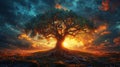 A majestic tree stands tall against a dreamy sunset sky its roots deeply grounded in the earth as its branches stretch Royalty Free Stock Photo