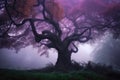 majestic tree surrounded by dark purple mist in magical forest