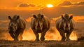 Three Rhinos Charging at Sunset in Dusty Savanna. Wildlife in Natural Habitat. Captivating Scenic View of African Royalty Free Stock Photo