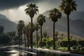 Majestic Tropical palm on mountain in rainy weather. Generate ai