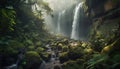 Majestic tropical rainforest cliff, wet rock, flowing water, natural beauty generated by AI
