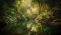 Majestic tropical rainforest, green trees, flowing water, tranquil scene, wildlife generated by AI
