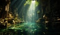 Majestic tropical rainforest, a tranquil scene of flowing water and green foliage generated by AI