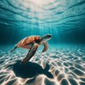 Turtle swims in crystal clear open sea, with sun rays