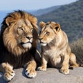 a majestic two lions sitting on a rock