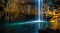 Mystical Underground Waterfall Illuminating a Hidden Cave with Natural Splendor Royalty Free Stock Photo