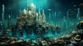 Majestic underwater castle with a vibrant coral reef and a variety of fish, AI-generated.