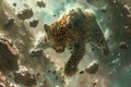 Majestic Underwater Leopard Roaming Seas, Exotic Aquatic Wildlife in Natural Habitat Illustration