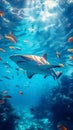 Majestic underwater scene Fish swim in blue sea, danger lurks Royalty Free Stock Photo