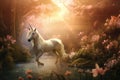 Majestic Unicorn in Enchanted Forest at Sunrise