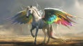 Majestic unicorn with iridescent wings galloping across a misty field at dawn