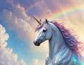 Majestic unicorn with a shimmering neon mane and rainbow on the sky at background - Ai illustration