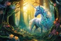 Majestic unicorn shows bathed in dappled sunlight in mystical forest. AI generated.