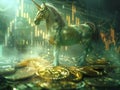 majestic unicorn standing of a pile of various cryptocurrency tokens, crypto market
