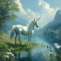 Majestic unicorn at the water's edge of a magical lake