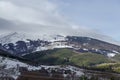 Majestic view of cloudy sky, winter mountain, snowy glade, conifer and deciduous forest from Plana mountain toward Vitosha Royalty Free Stock Photo