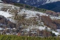 Majestic view of cloudy sky, winter mountain, snowy glade, residential district, conifer and deciduous forest from Plana mountain Royalty Free Stock Photo