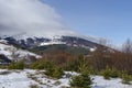 Majestic view of cloudy sky, winter mountain, snowy glade, residential district, conifer and deciduous forest from Plana mountain Royalty Free Stock Photo