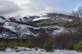 Majestic view of cloudy sky, winter mountain, snowy glade, residential district, conifer and deciduous forest from Plana mountain Royalty Free Stock Photo