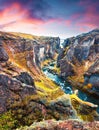 Majestic view of Fjadrargljufur canyon and river. Colorful summer sunrise in South east Iceland, Europe