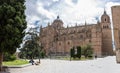 Majestic view at the gothic building at the Salamanca cathedral, main facade and tower cupola dome, park & garden