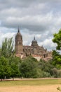 Majestic view at the gothic building at the Salamanca cathedral tower cupola dome and University of Salamanca tower cupola dome, Royalty Free Stock Photo