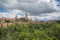 Majestic view at the iconic spanish gothic building at the Segovia cathedral, towers and domes, Segovia fortress and surrounding