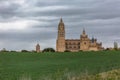 Majestic view at the iconic spanish gothic building at the Segovia cathedral, towers and domes, surrounding vegetation