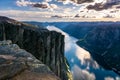 Majestic view of the Lysefjorden, with mountains on the sunset. The mountain Kjerag in Forsand municipality in Rogaland county,