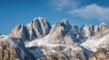 Majestic view of mountain range and peaks covered by snow located under blue sky in spain, Generative AI Royalty Free Stock Photo