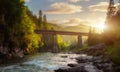 Majestic view on and old bridge over mountain river, sunny beams. Forest glow by sunlight. Europe. Dramatic morning Royalty Free Stock Photo