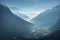 Majestic view of silhouettes of mountains and low clouds at sunset Royalty Free Stock Photo