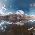 Majestic view of snow mountains peaks reflecting in lake