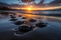 majestic view of sunrise over the ocean, with baby turtles making their way to the water