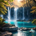 Majestic view on turquoise water and sunny beams. Location famous resort Plitvice Lakes National Park,