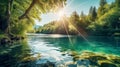 Majestic view on turquoise water and sunny beams in the Plitvice Lakes