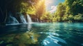 Majestic view on turquoise water and sunny beams in the Plitvice Lakes