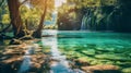 Majestic view on turquoise water and sunny beams in the Plitvice Lakes