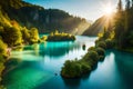 Majestic view on turquoise water and sunny beams in the Plitvice Lakes National Park.