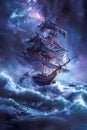 Majestic Vintage Ship Sailing Through Stormy Seas Under Cosmic Galaxy Night Sky, Fantasy Maritime Adventure Royalty Free Stock Photo