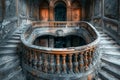 Majestic Vintage Spiral Staircase in An Abandoned Building With Ornate Banisters and Eerie Charm Royalty Free Stock Photo